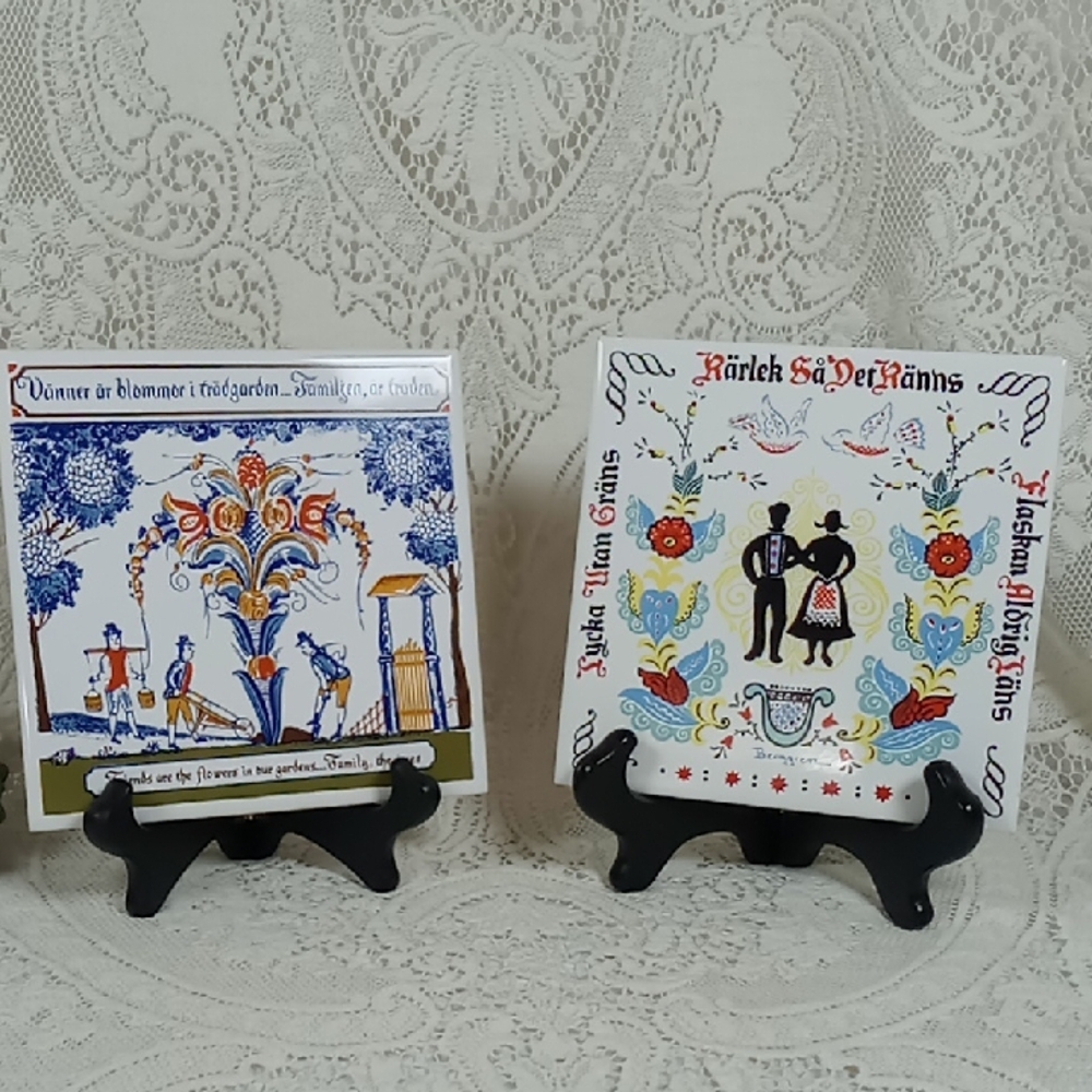 Colorful Swedish Decorative Folk Art Ceramic Tiles/Trivet/Wall Decor 6" x 6"